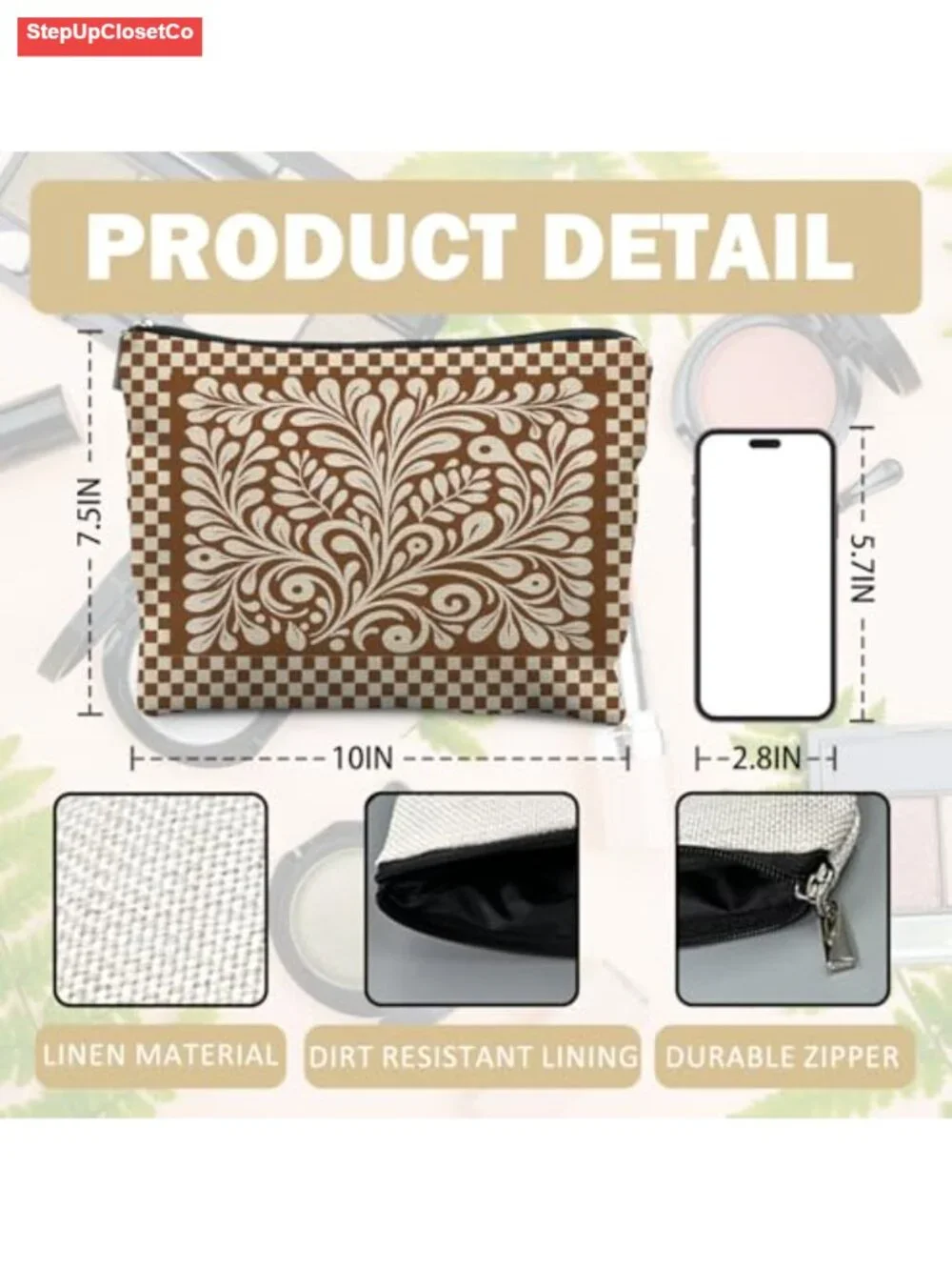 Boho Floral Linen Makeup Bag Vintage Zipper Pouch Cosmetic Case Travel